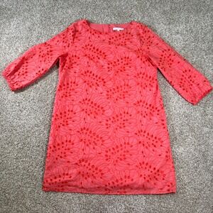 Preston & York Womens 16 Coral Pink Tropical Leaf Eyelet Shift Dress 3/4 Sleeve